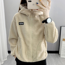 Light and warm fleece coat womens short autumn and winter windproof warm hooded cardigan mens sportswear composite lamb velvet sweater