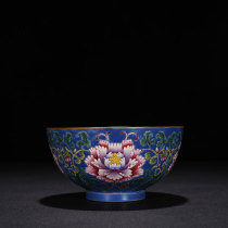 Qing Kangxi Royal Blue Land Ribbon Peony Bowl