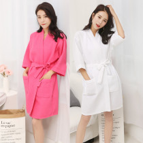 Spring and summer thin cotton waffle bathrobe beauty bath skirt sweat steaming suit short three-quarter sleeve hotel yukata Bridal morning robe