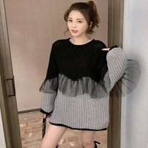 Autumn 2021 New lace stitching lazy style sweater womens long color color sweater design feel top