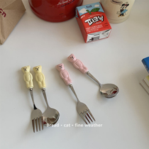 Girls dry rice tool ins creative cute bear spoon student 304 stainless steel fork tableware home