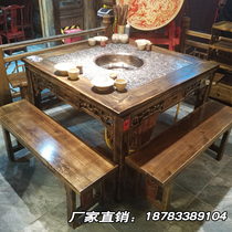 Solid Wood retro marble induction cooker hot pot table and chair gas stove string string hot pot table custom commercial square table
