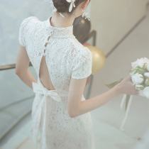 Temperament Improvement Qipao Toast To Bridal Gown Bride Retro White Lace Night Gown Sashimi Tail Engagement Dress Woman