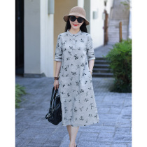 Wangxia Shimumi original 2022 summer new linen print travel literature commuter temperament midi dress