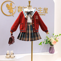 Girls JK set 2021 Spring and Autumn New embroidered cardigan Plaid Academy style pleated skirt childrens three-piece set