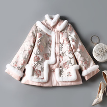 2021 Winter new female retro improved fashion rabbit fur collar Tang cheongsam jacket with cotton padded padded jacket