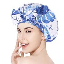 Chinese style blue and white porcelain bow shower cap female double layer waterproof bath shower hat thick cute headgear hair cap
