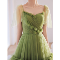 Green evening dress Skirt Lady Banquets High-end Trailing host Xianqi Light Extravagant Cake Dresses Superior Sense Temperament