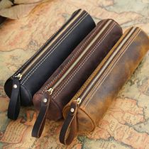 Original Handmade Retro Cow Leather Mad Mapi Art Young Pen Bag Pen Box Large Capacity Zip Stationery Pen Cap Containing