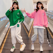 Female Great Boy Sports Suit Foreign Air Korean Version 2022 Spring Dress New Girl Net Red Sweater Fake Two Sets of Tide Children Clothing