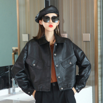 2021 autumn and winter new leather short thin top womens sheepskin casual all-match lapel motorcycle suit jacket