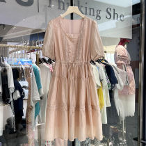 European station 2021 summer new fat sister drawstring waist slim mosaic lace temperament large size dress women