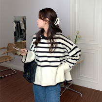 Large size womens fat sister mm autumn new design sense split striped sweater jacket loose outer sweater coat