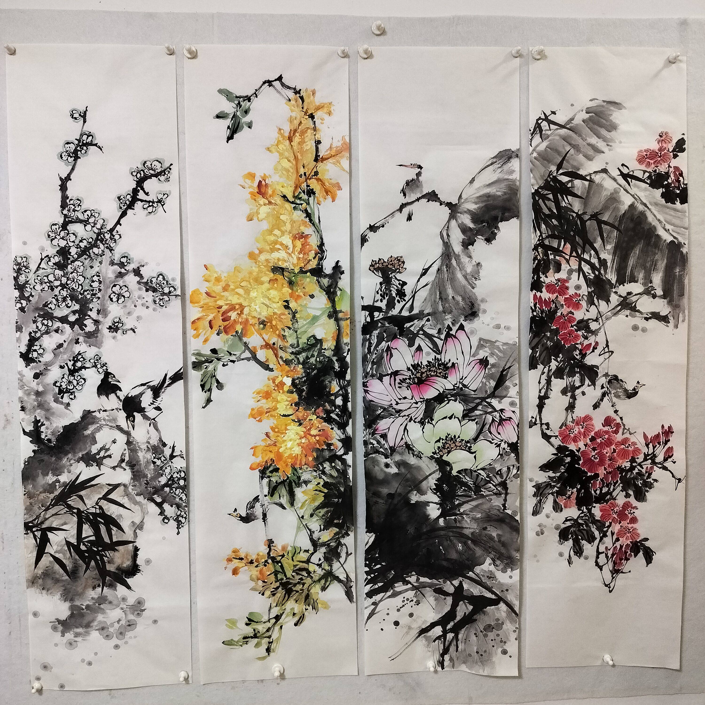 梅兰竹菊四条屏纯手绘画芯-梅兰竹菊四条屏纯手绘画芯促销价格、梅兰竹