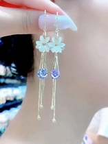 Cats eye stone flower long blue crystal tassel wire 2021 New Tide hypoallergenic Super fairy face thin earrings