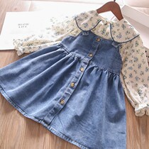 Girl 2022 New Denim Harness Skirt Child Foreign Air Suit Skirt Han Edition Spring Autumn Baby Princess Dress Dress