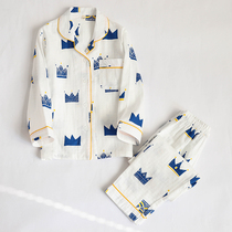 Spring and summer cotton gauze boys and childrens pajamas long sleeve set Boys spring and autumn cartoon cotton cotton middle and large childrens home clothes