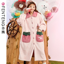 Fenten nightgown female autumn and winter brown bear coral velvet Korean sweet cute girl flannel home clothing nightgown