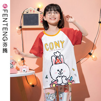 Fenteng mother and daughter childrens pajamas female summer thin brown bear short-sleeved pure cotton parent-child little girl home suit set