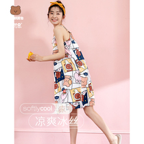Demens ice silk camisole night dress womens summer thin simulation silk home clothes Cartoon girl pajamas cool feeling
