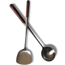 Chen Zhiji fried spoon spatula spatula kitchen set 304 stainless steel household wooden handle round hand spoon stir-fry spoon shovel