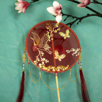 Original Handmade ancient wind group fan long handle tassel Hanfu accessories Red Palace round fan broken cloud fan retro Chinese style