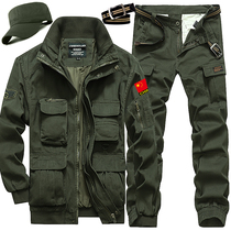 Pure cotton army clothes camouflail suit a suit of mens military uniform multiple pockets for work clothes army green jacket regular