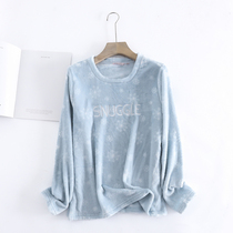 Foreign trade Lady silky flannel coral velvet round neck long sleeve home clothing single top pajamas warm autumn and winter