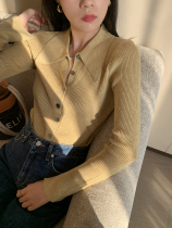 PINKEEN2021 autumn new design sense solid color polo collar knitted cardigan slim long sleeve short jacket
