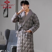 Yu Zhaolin nightgown mens autumn and winter three-layer thick warm jacket cotton long bathrobe cotton mens home robe pajamas