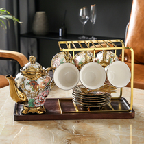 High-grade Golden Coffee Cup shelf with wooden tray 6 Cup hanging rack household ceramic cup tea set storage rack