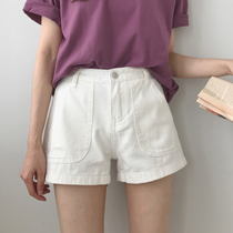  Summer womens Korean loose all-match solid color jeans simple wide leg pants high waist straight pants hot pants shorts tide