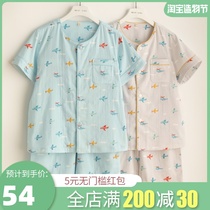 Childrens short-sleeved pajamas cotton gauze summer thin air conditioning clothes Boy baby boy round neck home wear suit