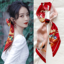 Middle country wind fine narrow strip small silk scarf red hair with ribbon tie hair Xia spring autumn belt scarf woman decoration collar towel