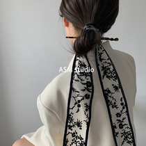 Original hair with head decoration vintage flocking silk scarf small strip woman scarf tied with hair belt