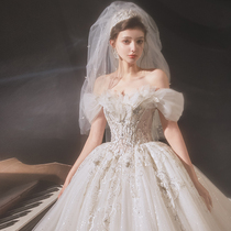 French word shoulder main wedding dress 2021 new bride wedding court style long drag high quality high-end heavy industry thin