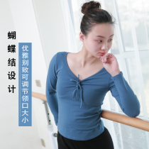 Long sleeve t-shirt dance practice clothes female adult shirt bow V collar black chest knot clothing half body