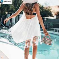 European and American sexy backless beach bikini blouse land Tame v Collar Cotton sunscreen shirt sling tassel dress