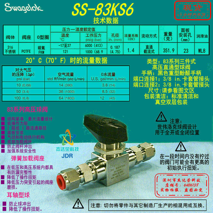 (SS-83KS6) Swagelok Swagelok high-pressure ball valve 3 8 in. casing PCTFE seat