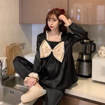 Spring and autumn ice silk three-dimensional big bow pajamas Female simulation silk Western style sweet girl long sleeves can be worn outside home clothes