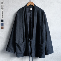 Autumn and winter cotton hemp jacquard plus velvet thickened retro road robe Hanfu improved windbreaker Chinese style casual mens coat