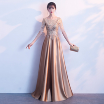 Golden evening dress female 2021 new banquet temperament host dress choir performance suit long summer