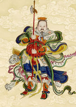 Four spirits and four elephants portrait Photo paper printing Plastic white tiger Holy King statue connected to a large size heart scroll painting