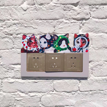 Oil painting row cat wooden three-dimensional three-row three open switch patch protective cover pet shop living room decoration wall sticker socket cover
