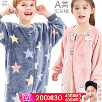 Childrens conjoined pajamas baby coral velvet autumn and winter boys and girls flannel padded anti-kicking jumpsuit home wear