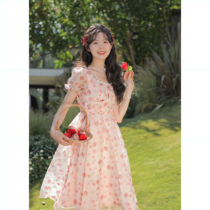 Lingjiu French-style gentle wind sweet floral skirt a-line waist slimming short-sleeved small dress female summer