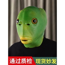 Shake sound green head fish head mask cute funny funny sand carving fish head strange green fish net red full face tasteless