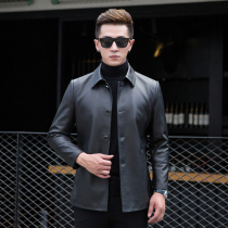 2021 spring and autumn leather leather mens lapel mid-length tire cowhide light luxury button personality jacket mens jacket