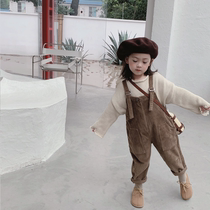 Korean children corduroy back pants autumn and winter vintage boys and girls loose suspenders cute big pp pants