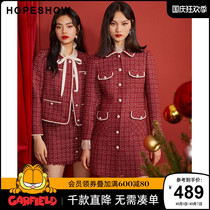 Red sleeve small fragrant wind woolen coat spring and autumn 2021 new womens plaid retro tweed red medium length coat